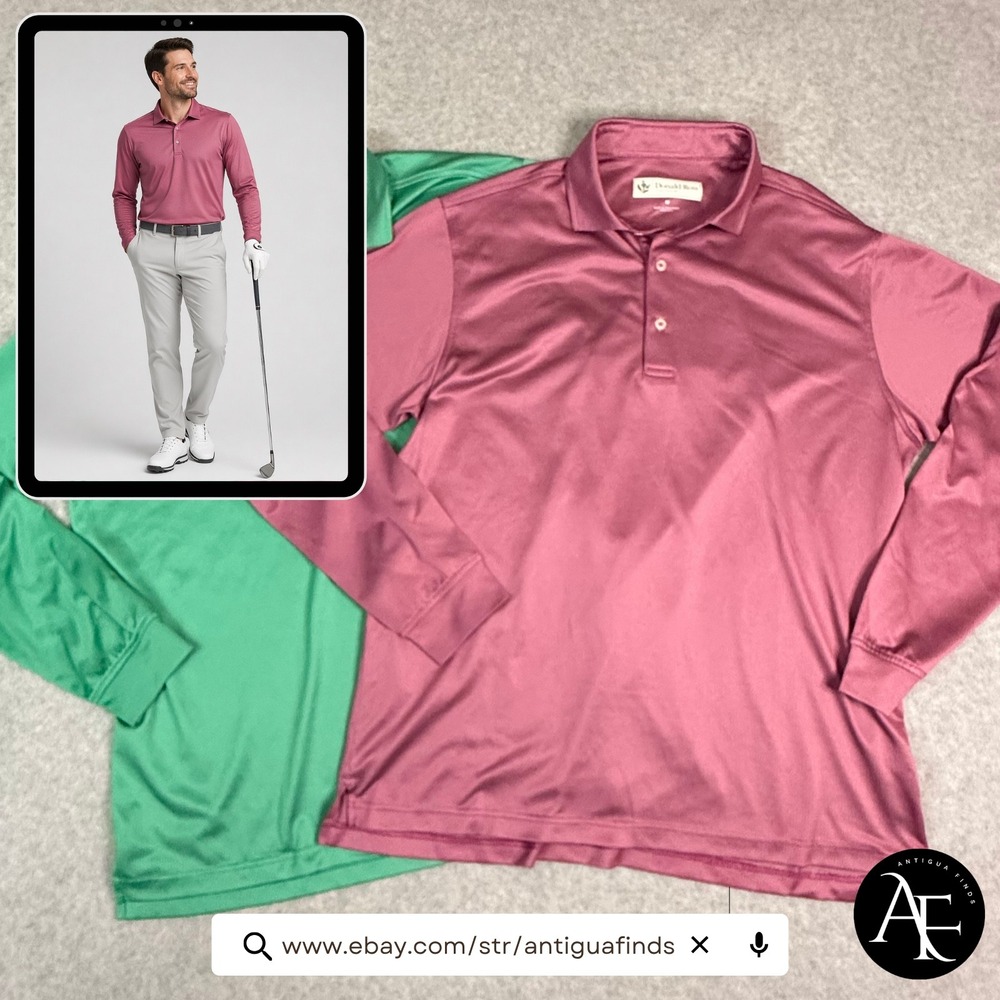 Lot of 2 - Donald Ross Sportswear Mens Long Sleeve Golf Polo Shirt Green Pink M